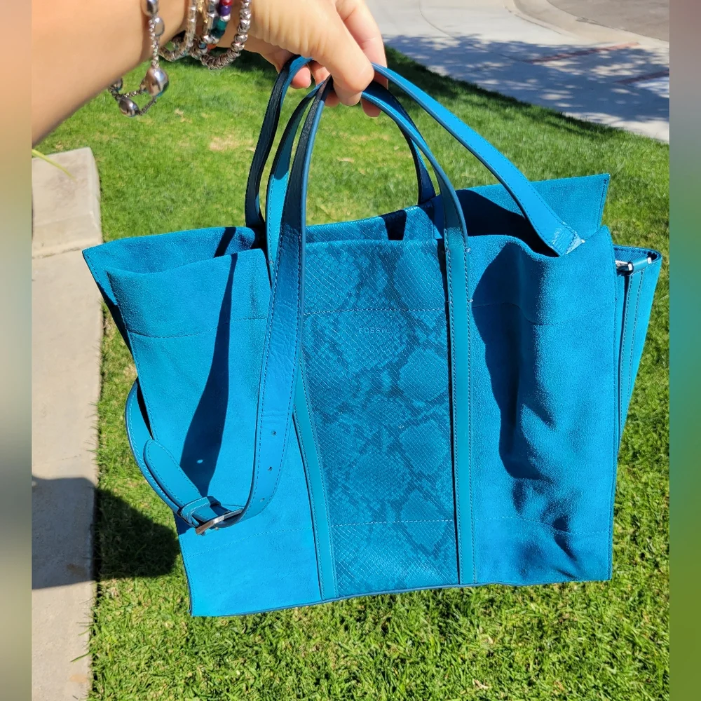 Fossil Suede and Leather Lagoon‎ Blue Carmen Tote Shopper Purse Bag